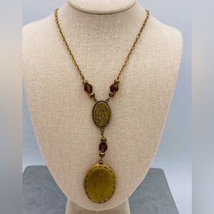 Vintage Style Brass Tone Double Locket Necklace With Medallion And Bead Accents